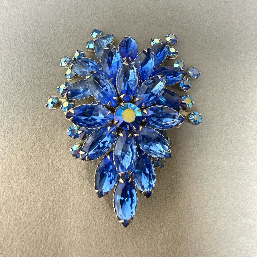 Vintage Cathé Blue Rhinestone/AB Aurora Borealis Crystal Brooch Large Signed